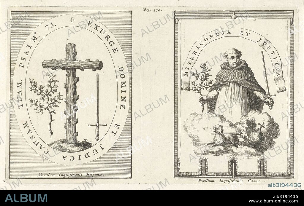 Medallion with cross of knotty wood, St. Dominic with sword and olive branch in hand, Jan Luyken, Henricus Wetstein, 1692.