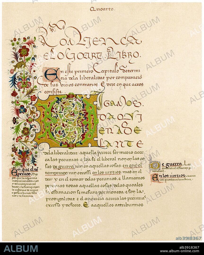 Illuminated letter 'D', 15th century. First chapter of the Ethics of Aristotle, in Spanish, originally produced in Sicily. Illustration from Illuminated Manuscripts in the British Museum, Miniatures, Borders, and Initials by George F Warner, series III, (British Museum, London, 1899).
