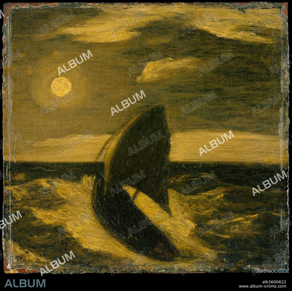 The Toilers of the Sea. Artist: Albert Pinkham Ryder (American, New Bedford, Massachusetts 1847-1917 Elmhurst, New York). Dimensions: 11 1/2 x 12 in. (29.2 x 30.5 cm). Date: ca. 1880-85.
Ryder probably either selected or approved the title of this painting, which relates it to Victor Hugo's famous 1866 novel of the same name (Les travailleurs de la mer, in the original French). The painting could illustrate any one of several scenes in that novel, which features a fisherman character whose personality and attitudes resemble Ryder's own. The surface has changed and suffered over the years; still, as with most of Ryder's works, the composition conveys the artist's vision of the mystical relationship between people and nature.
