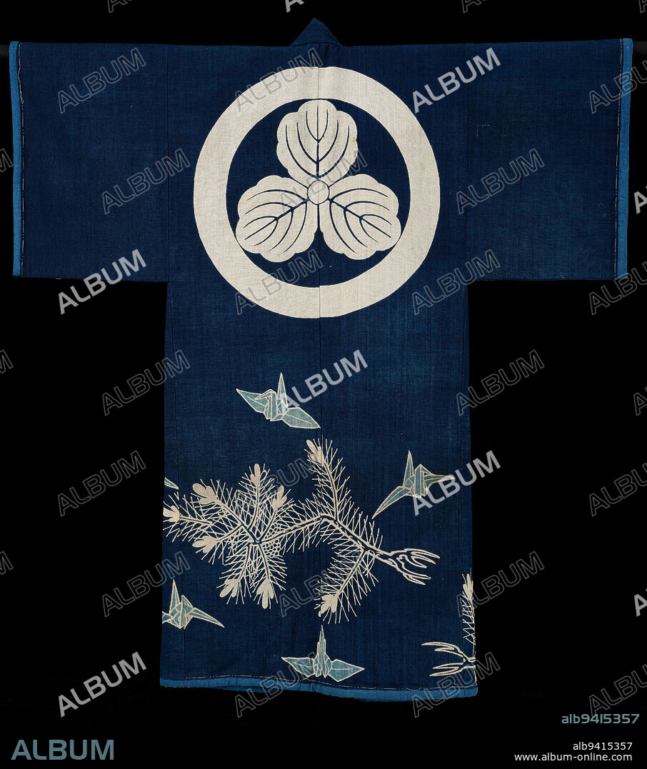 (Kimono-Shaped Coverlet (yogi)), early 1900s, Unknown Japanese, 67 x 60in. (170.2 x 152.4cm), Cotton, Japan, 20th century, A fanciful type of bed covering in Japan, called yogi (literally 'night clothes') consists of a quilted blanket in the shape of a kimono. Heavily padded with cotton wadding, the yogi was spread over the sleeper, decorative back side up, and the collar tucked snugly under the chin and shoulders. As part of a bridal trousseau, they were sometimes decorated with the groom's family crest. In this case, the crest consists of three oak leaves. The bottom of the blanket is decorated with a pattern of pine branches and folded paper cranes--both symbols of longevity.