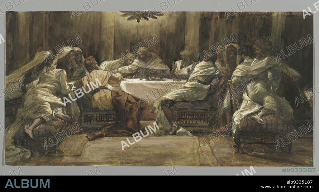 The Last Supper: Judas Dipping his Hand in the Dish, La Céne. Judas met la main dans le plat, The Life of Our Lord Jesus Christ, La Vie de Notre-Seigneur Jésus-Christ, James Tissot, French, 1836-1902, Opaque watercolor over graphite on gray wove paper, France, 1886-1894, Image: 9 3/4 x 19 3/8 in., 24.8 x 49.2 cm, apostles, betrayal, broad, Christianity, cloth, folds, Jesus Christ, John 13:21-27, lamp, luke, Mark 14:17-20.