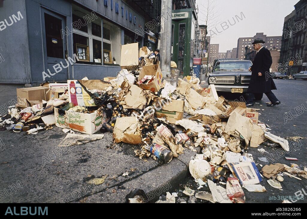 Trash on the streets of the Lower East Side after the 1968 garbage strike in NYC.