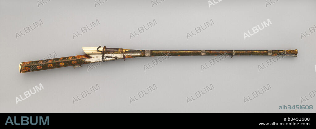 Matchlock Gun, late 18th–19th century, Rajasthan, Indian, Rajasthan, possibly Gwalior, Steel, iron, wood, ivory, gold, silver, copper alloy, pigment, L. 59 7/8 in. (152.1 cm); L. of barrel 41 3/4 in. (106.1 cm); Cal. .68 in. (17.0 mm); Wt. 9 lbs. 11 oz. (4405 g), Firearms-Guns-Matchlock, With its delicately painted stock and distinctive barrel type with an enlarged breech end, this gun was likely manufactured in Rajasthan, in northern India. Intended for the hunt, such richly decorated firearms were made for an aristocratic clientele.