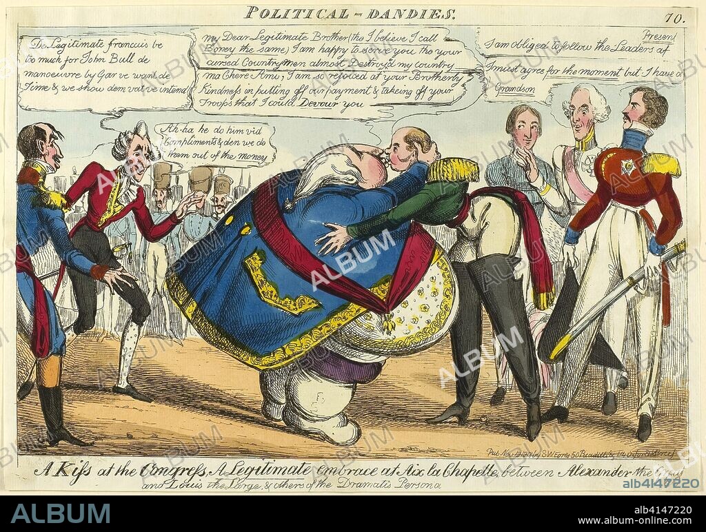 A Kiss at the Congress. William Heath (English, 1795-1840); published by S. W. Fores (English, active 1785-1825). Date: 1818. Dimensions: 231 × 329 mm. Hand-colored etching on ivory laid paper. Origin: England.