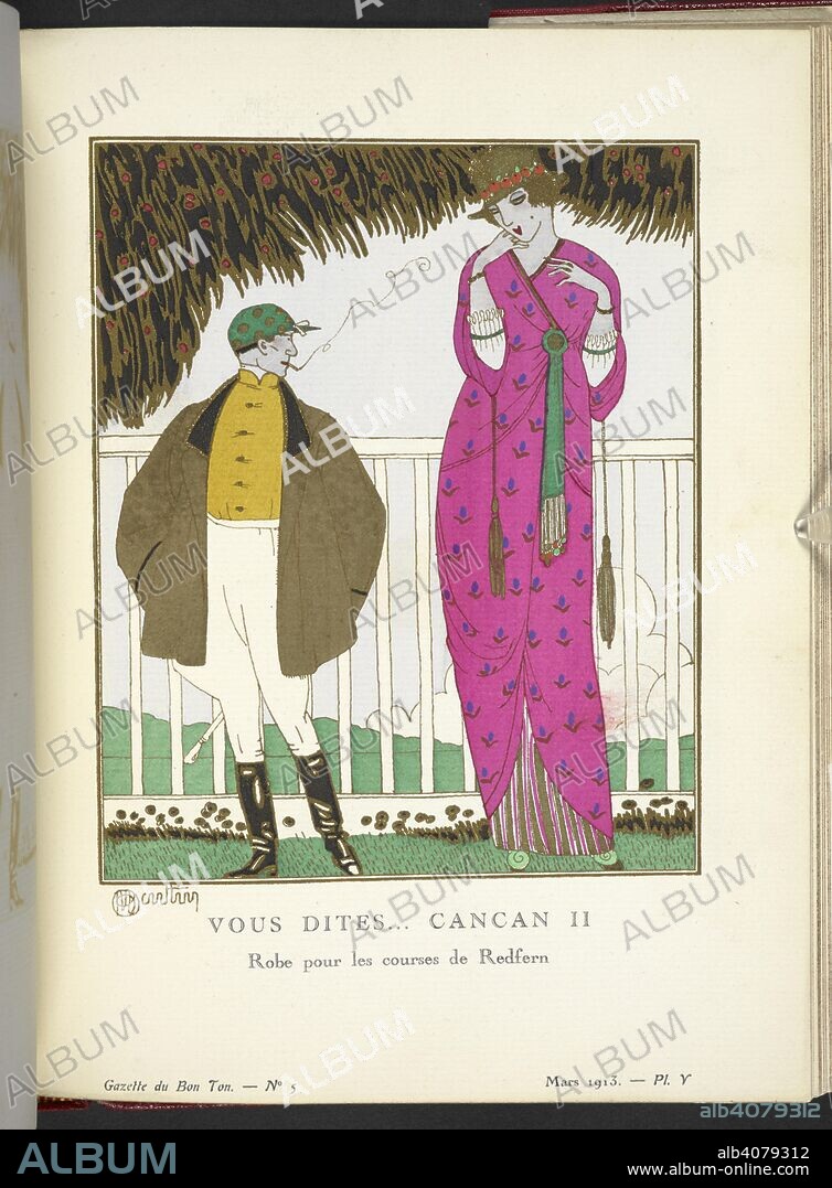 CHARLES MARTIN. "Vous Dites... Cancan II - Robe pour les courses de Redfern en drap du PÃ´le Ã  impressions. Jaquette envelopante, fermÃ©e par un seul gros bouton dâ€™oÃ¹ pend un Ã©charpe; des manches pendent deux glands."   Design by John Redfern. Gazette du Bon Ton. Art, modes & frivoliteÌs. Lucien Vogel, directeur. [With coloured plates.]. Paris ; London, 1912, etc. Source: P.P.5242.dd. , number 5 , plate V.