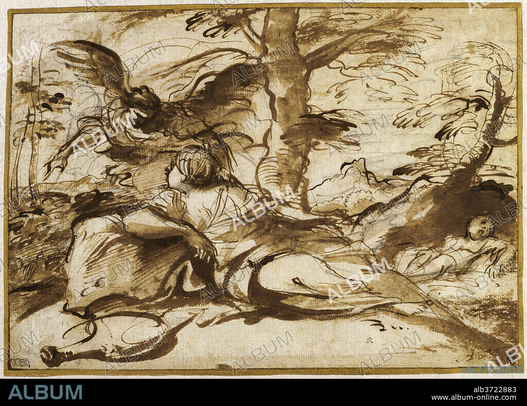 PIER FRANCESCO MOLA. The Angel Appearing to Hagar in the Desert (recto). Dated: c. 1660. Dimensions: sheet: 18.9 x 27 cm (7 7/16 x 10 5/8 in.). Medium: brush and pen and brown ink with brown wash over black chalk on light beige laid paper.