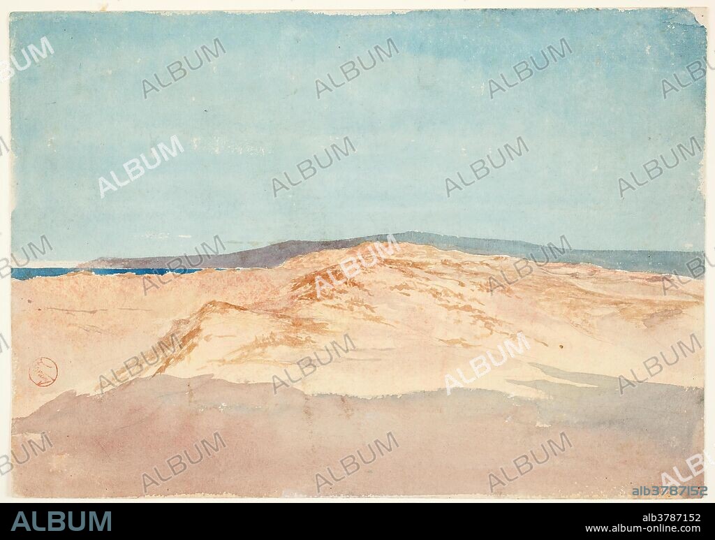 Mariano Fortuny y Marsal / 'Arena con línea de montaña. Marruecos'. Hacia 1860. Acuarela, Trazos de lápiz sobre papel blanco, 262 x 373 mm.