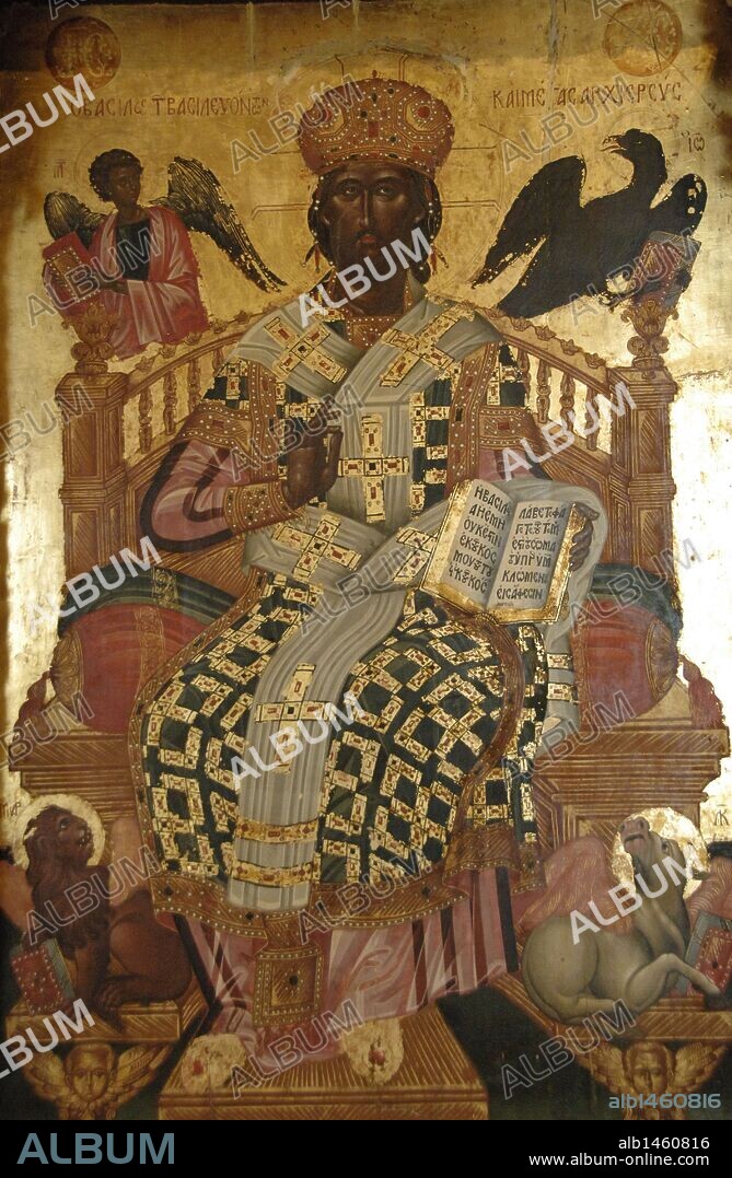 ARTE BIZANTINO. GRECIA. ICONOSTASIO de madera de Angelos MASKETIS procedente de la iglesia de Pantocratoras, 1683. Detalle de CRISTO EN MAJESTAD. Museo Bizantino. Zante. Islas Jónicas.