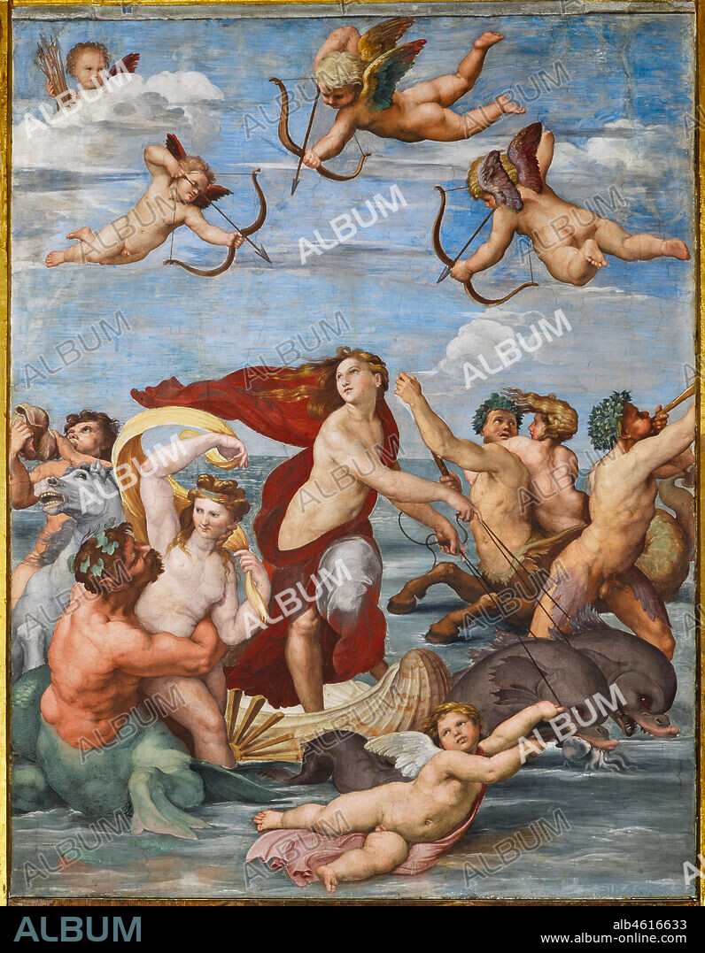 Rome, Villa Farnesina, the Loggia of Galatea: . "The Triumph of Galatea", by Raphael (1513 - 4). Galatea was the beautiful nymph whom Raphael depicted amongst a throng of sea creatures as she speeds away from her admirer on a fantastical shell drawn by dolphins.