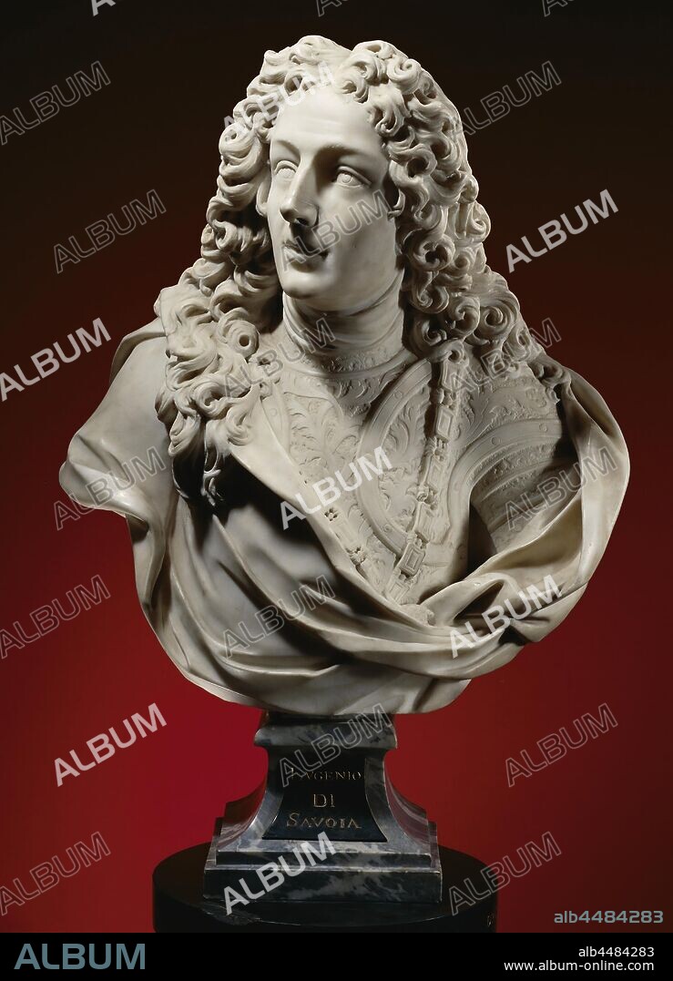 Eugenius Prince of Savoy (1663-1736), bust on a pedestal with a column. Male bust image to the left with long curly wig. He wears armor adorned with tendrils, over which the decorations of the Order of the Golden Fleece. Armor partially covered by a mantle draped around the shoulders, which is struck first to the left and then to the right. Downward-facing base with inscription in gilded letters of gray marble. Associated, castellated column of marble-colored painted wood, covered with a round black stone plinth with inscription, Eugenius van Savoye, Francois Coudray (attributed to), Dresden (possibly), 1724, marble (rock), wood (plant material), cutting, h 90 cm h 67.5 cm × w 54 cm × d 23 cm h 17 cm × w 22.5 cm × d 20 cm h 4.6 cm × d 33 cm w 73.8 kg w 10.8 kg.