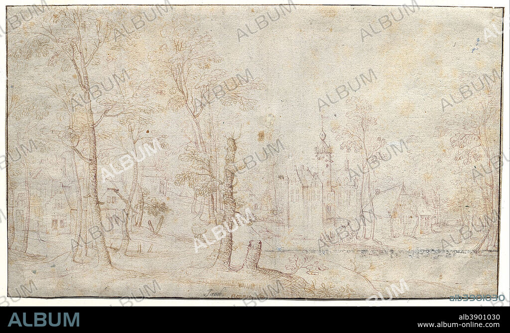 JACOB GRIMMER. Moated Castle and Village. Date/Period: 1526 - 1590. Pen and  brown-red ink, reverse sid blackend, contours traced with dry stylus for  transfer. Feder in bra - Album alb3901030