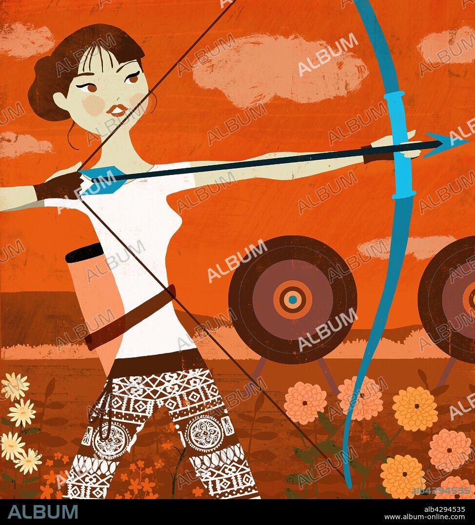 Young woman archer aiming bow and arrow at target as Sagittarius zodiac sign.  - Album alb4294535