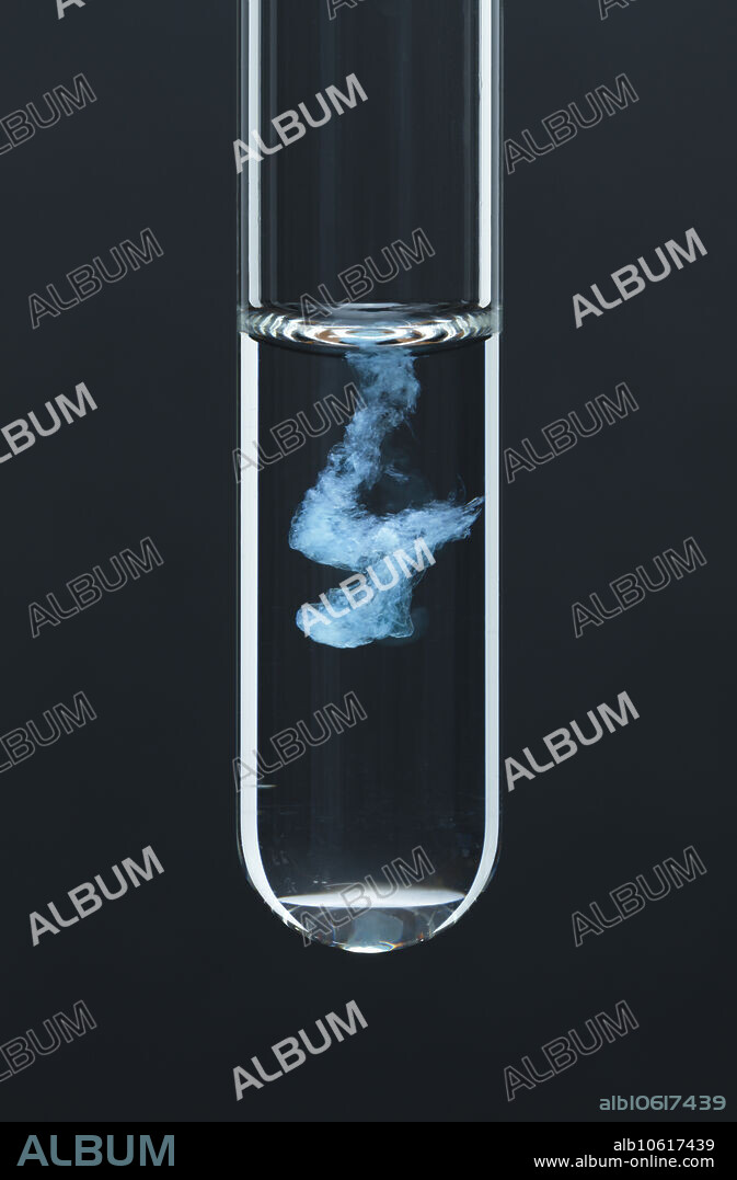 Copper phosphate precipitate, 1 of 3. This series shows a progression as copper sulphate (CuSO4) is added to a test tube containing sodium phosphate (Na3PO4). Both solutions are 0.5 M concentration. Copper phosphate precipitate (Cu3(PO4)2) is formed as a result: CuSO4 + Na3PO4 -> Cu3(PO4)2 + Na2SO4. This is an example of a double displacement reaction.