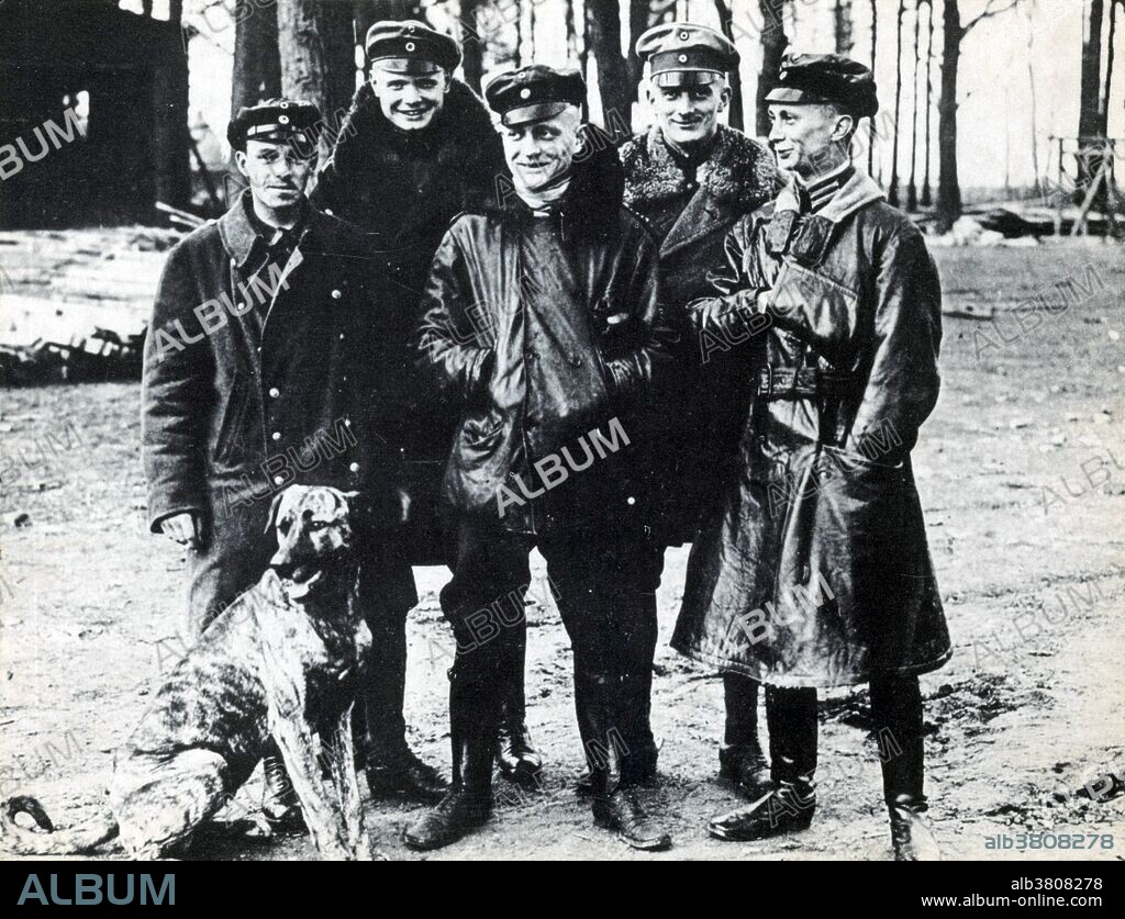 Jasta 11 pilots pose at Roucourt in April, 1917 with Manfred von Richthofen center. From left to right around Richthofen: Sebastian Festner, Karl Emil SchÃ¤fer, Lothar von Richthofen, and Kurt Wolff. Manfred Albrecht Freiherr von Richthofen (May 2, 1892 - April 21, 1918) was a First World War German flying ace with the Imperial German Army Air Service (LuftstreitkrÃ¤fte). Originally a cavalryman, he transferred to the Air Service in 1915, becoming one of the first members of Jasta 2 in 1916. He quickly distinguished himself as a fighter pilot, and became leader of Jasta 11 and then the larger unit Jagdgeschwader 1 (Flying Circus). By 1918, he was regarded as a national hero in Germany, and was very well known by the other side. He was a notable tactician and squadron leader and a fine marksman. It was his Albatros D.III that was first painted bright red, in 1917, which earned him his nick name and reputation. Richthofen was shot down and killed near Amiens on April 21, 1918. He is considered the top ace of that war, being officially credited with 80 air combat victories. He remains perhaps the most widely known fighter pilot of all time, and has been the subject of many books, films and other media.