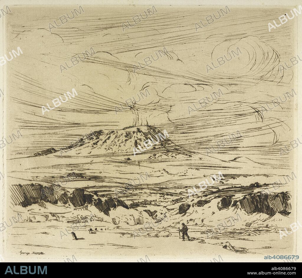 GEORGE MARSTON und SIR ERNEST HENRY SHACKLETON. Mount Erebus in eruption. The Antarctic book. Winter quarters, 1907-1909. [Edited by E. H. Shackleton. With plates by George Marston.]. London : William Heinemann, 1909. Source: C.118.g.6.