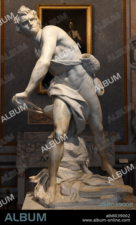 Statue portraying David releasing the sling by Gian Lorenzo Bernini (Le Bernin)(1598-1680). Statue executed in 1623-24. Statuary marble. cm 170. Galleria Borghese (Galerie Borghese, Borghese Gallery). Rome, Italy. 2020.