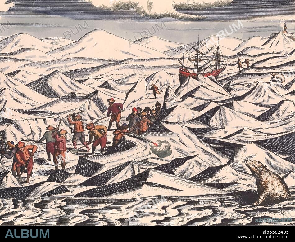 ANONYM. Barents, Willem; holländ. Seefahrer. um 1550 - 1597. Wegebau im Polareis (3. Expedition 1596/97: Überwinterung am Kap Nassau). (Reisen unter Leitung Barents zur Entdeckung einer Nordostpassage 1594 ff.). Kupferstich, spätere Kolorierung. Aus: Gerrit de Veer, Waerachtighe Beschrijvinghe van die Seylagien (..),1598. Berlin, Sammlung Archiv für Kunst und Geschichte.