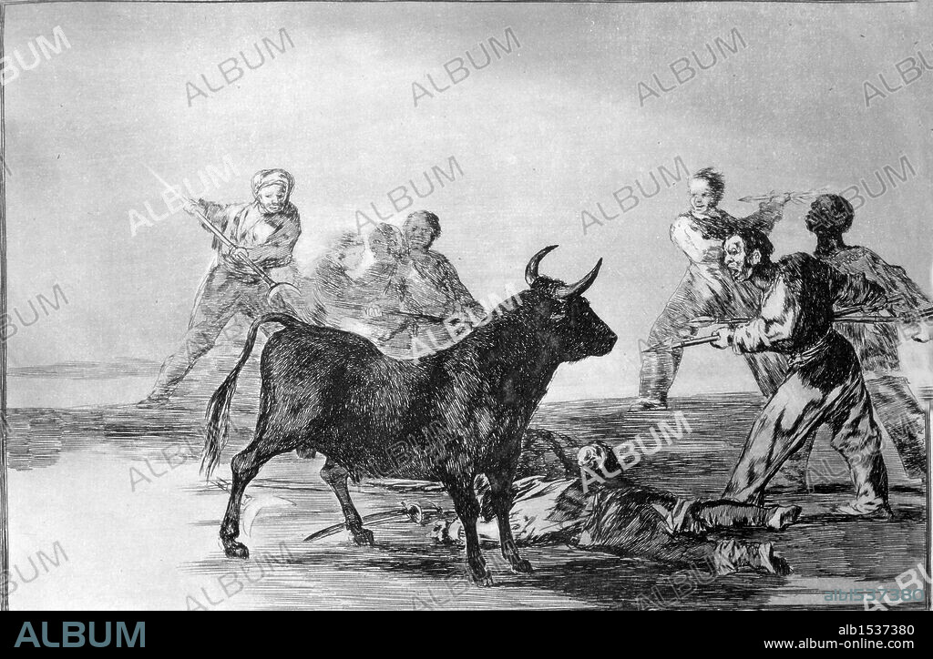 Francisco de Goya y Lucientes (Fuendetodos, 1746-Burdeos, 1828). Grabado. Serie "Tauromaquia" (aguafuerte). Plancha 12ª: Desjarrete de la canalla con lanzas, medias-lunas, banderillas y otras armas. Primera edición. Madrid, 1816.