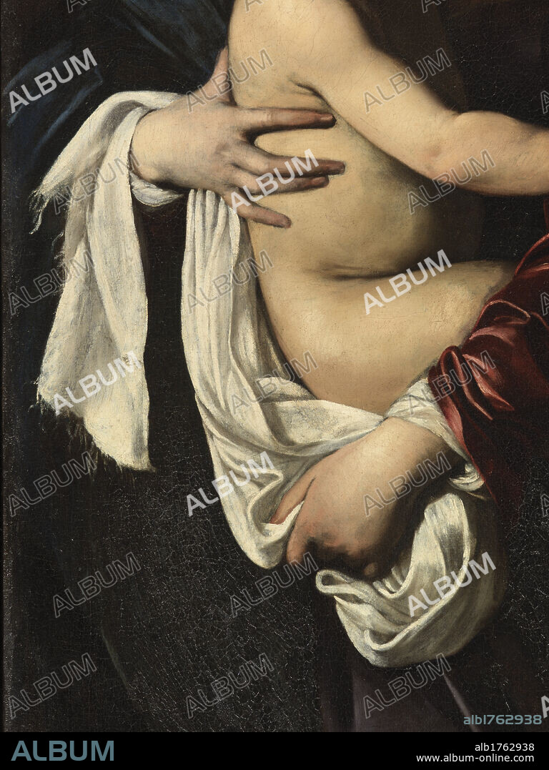 Madonna di Loreto, by Michelangelo Merisi known as Caravaggio, 1604-1606 about, 17th Century, oil on canvas, cm 260 x 150. Italy, Lazio, Rome, SantAgostino Church, Cavalletti Chapel. Detail. Madonna arms the Infant Jesus the Christ Child chiaroscuro light and shade hug embrace drapery material fabric red white black., photographic campaign 2009.