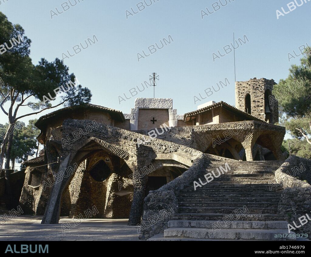 Spain. Catalonia. Santa Coloma del Cervello. The Crypt of the Church of Colonia Guell (1908-1915). Built by Antoni Gaudi (1852-1926). Outside.