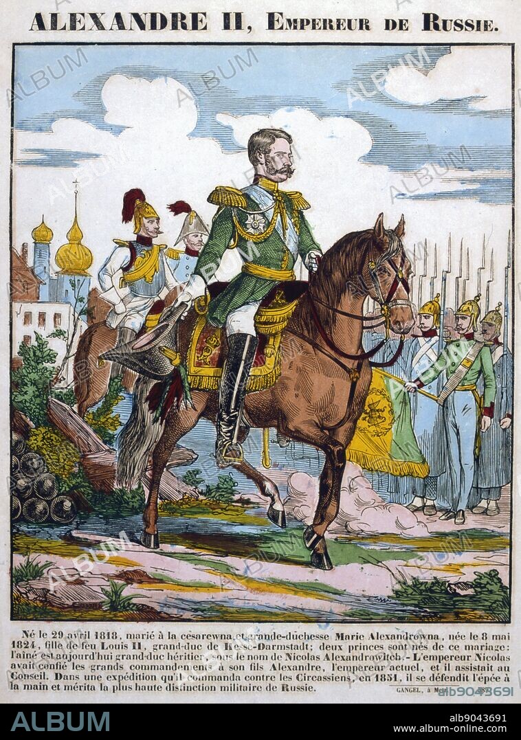 Alexander II (1818-1881) Tsar of Russia from 1855 known as The Liberator for his emancipation of serfs, 1861. Alexander on horseback reviewing troops. 19th century coloured woodcut.