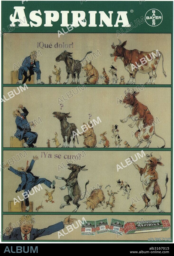 Publicidad. Aspirina Bayer; animales de granja observando el comportamiento de un hombre enfermo. Cartel de 1925. Facsímil de 1960.