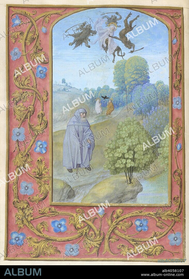 St Anthony the hermit. Hastings Hours. S. Netherlands [Bruges or Ghent]; circa 1480. [Whole folio] St Anthony with his bell, in a wooded landscape, and above, being attacked by three demons. Borders of trompe l'oeil decoration with blue flowers and acanthus leaves  Image taken from Hastings Hours.  Originally published/produced in S. Netherlands [Bruges or Ghent]; circa 1480. . Source: Add. 54782, f.50v. Language: Latin.