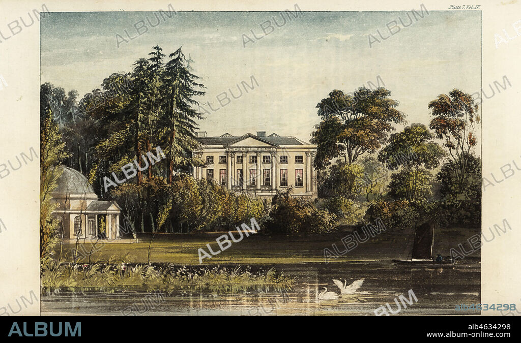 Hampton House or Garricks Villa, Richmond on Thames. Home of the famous actor David Garrick, with portico by Robert Adam, and temple to William Shakespeare at left. Handcoloured copperplate engraving after an illustration by John Gendall from Rudolph Ackermanns Repository of Arts, London, 1823.