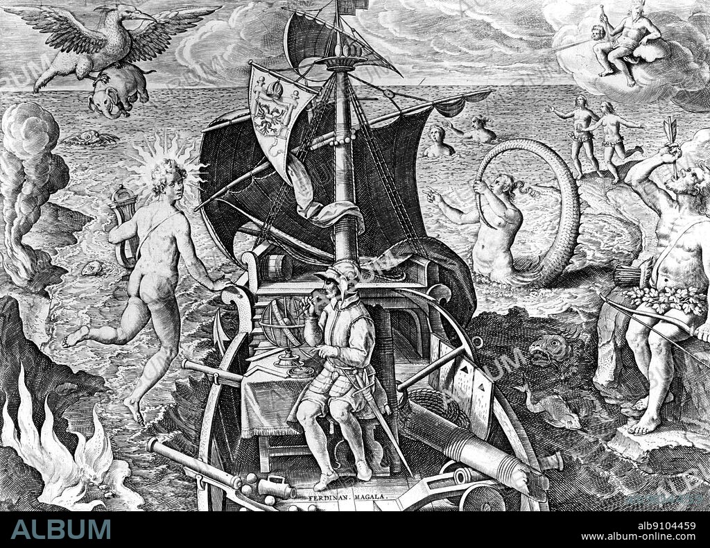 Magellan rounding Cape Horn. Ferdinand Magellan. (Portuguese Fernão Magalhaes). The first circumnavigator of the real world; born about 1480 at Saborosa in Villa Real, Province of Traz os Montes, Portugal; died during his voyage of discovery on the Island of Mactan in the Philippines, 27 April 1521.