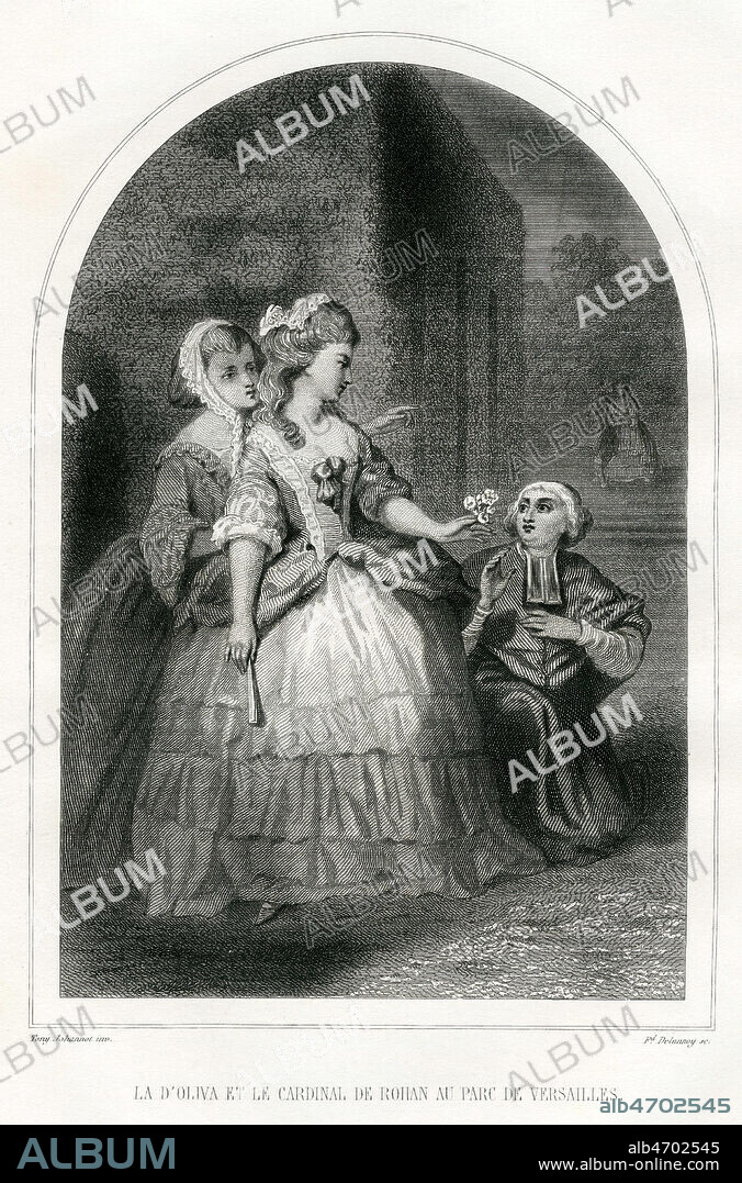 Nicole d'OLIVA prend la place de MARIE-ANTOINETTE (1755-1793) et seduit le cardinal de ROHAN au bosquet de Venus a Versailles. (Affaire du collier de la reine). Illustration de Tony JOHANNOT (1803-1852) pour Mysteres du Grand Monde par Fulgence GIRARD. Credit : Coll. Jonas/KHARBINE-TAPABOR.