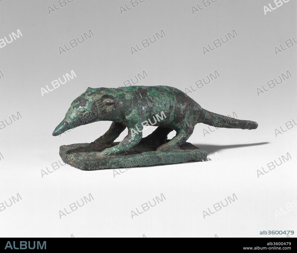 Shrew. Dimensions: H. 3 cm (1 3/16 in.); W. 2.5 cm (1 in.); L. 9.6 cm (3 3/4 in.)
H. (with tang): 3.9 cm (1 9/16 in.). Date: 304 B.C.-30 B.C..
"The voracious" was the ancient Egyptians'name for the shrew, an epithet that aptly describes the feeding habits of this tiny animal. In ancient Egyptian mythology the shrew was closely associated with the ichneumon. The shrew represented the blind aspect of a solar deity whose complement, endowed with keen eyesight, was understood to be the ichneumon.