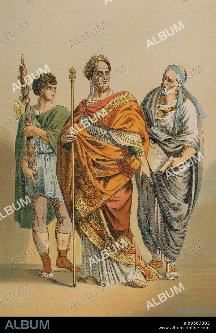Antigua Roma. Flamen y sus servidores. Cromolitografía. Historia Universal, por César Cantú. Tomo III, 1882.