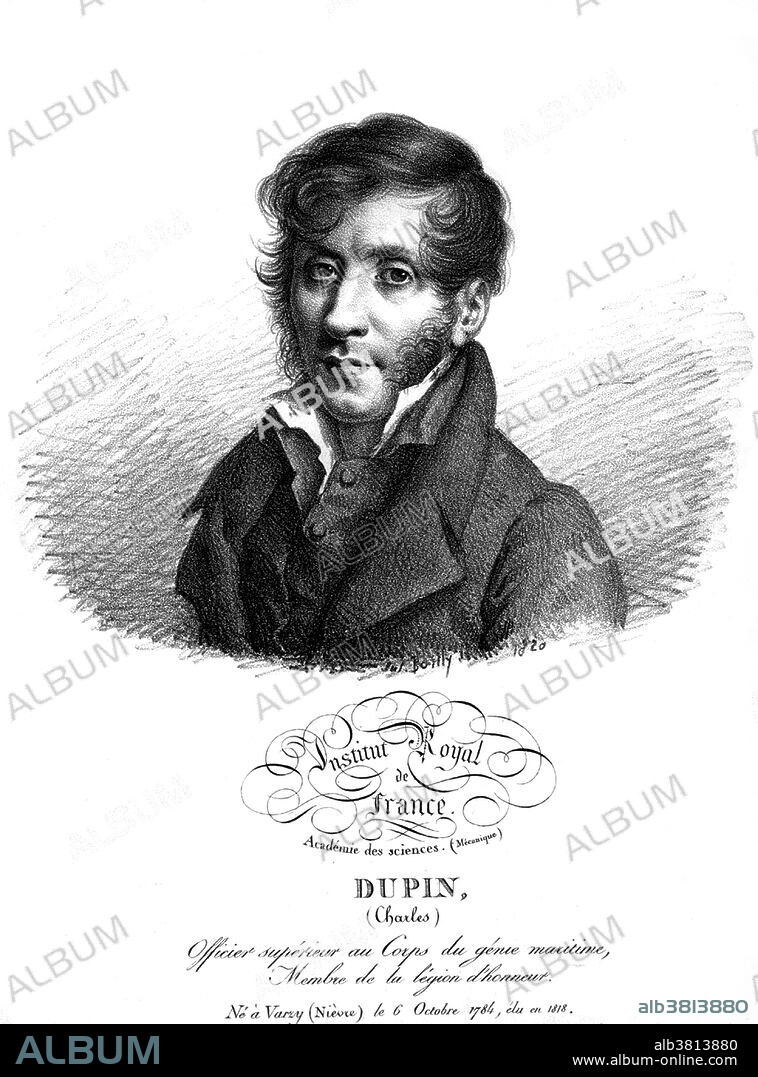 Pierre Charles Francois Dupin (October 6, 1784 - January 18, 1873) was a French Catholic mathematician. He studied geometry with Monge at the Ã‰cole Polytechnique and then became a naval engineer. In 1826 he published a thematic map showing the distribution of illiteracy in France, using shadings (from black to white), the first known instance of what is called a choropleth map today. His mathematical work was in descriptive and differential geometry. He was the discoverer of conjugate tangents to a point on a surface and of the Dupin indicatrix. He died in 1873 at the age of 88.