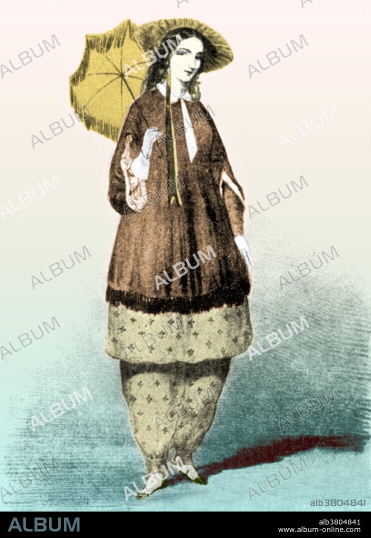 Amelia Jenks Bloomer (May 27, 1818 - December 30, 1894) was an American women's rights and temperance advocate. Even though she did not create the women's clothing reform style known as bloomers, her name became associated with it because of her early and strong advocacy. The costume was called the American Dress or Reform Costume by the women's activists that wore it. Most of the women who wore the costume were deeply involved in dress reform, abolition, temperance and the women's rights movement. Bloomer edited the first newspaper for women, The Lily. It was issued from 1849 until 1853. The newspaper began as a temperance journal, but came under the influence of temperance activist and suffragette Elizabeth Cady Stanton who contributed articles on the broader issues of women's rights. Bloomer remained a suffrage pioneer and writer throughout her life, writing for a wide array of periodicals. She led suffrage campaigns in Nebraska and Iowa, and served as president of the Iowa Woman Suffrage Association from 1871 until 1873. She died in 1894 at the age of 76. Originally captioned: A sketch of Mrs. Bloomer in the costume she attempted to make the fashion seventy-seven years ago.