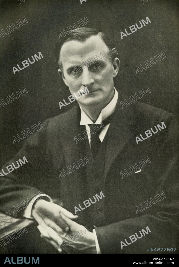 'Sir Edward Grey', (1919). Portrait of British politician Sir Edward Grey (1862-1933) who served as Foreign Secretary from 1905-1916. From "The History of the Great European War: its causes and effects", Vol. I, by W. Stanley Macbean Knight. [Caxton Pulishing Company, Limited, London, 1919].