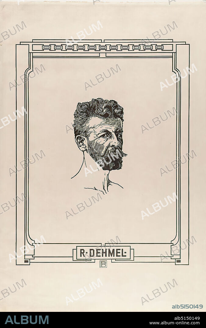 Peter Behrens, Richard Dehmel, Japan paper, woodcut, line etching, type print, woodcut, line etching and type print on Japan paper, Total: Height: 46,5 cm; Width: 31 cm, monogrammed and inscribed: recto bottom centered in the printing plate: PB and R. DEHMEL, printmaking,printed matter, free graphics (printmaking,printed matter), portrait, writer, poet, author, head picture, portrait, self-portrait of an artist, Richard Dehmel.