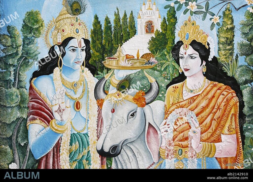 Rama, Sita and sacred cow. Rama is the 7th reincarnation of Vishnu. Pashupatinah.