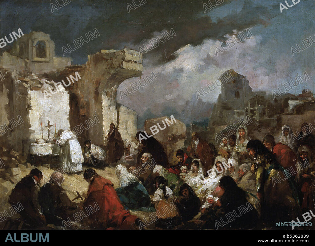 EUGENIO LUCAS VELAZQUEZ. LUCAS VELAZQUEZ , EUGENIO . PINTOR ESPAÑOL . MADRID 1817 - 1870. " MISA EN LAS RUINAS DE ZARAGOZA " , AÑO 1859. MUSEO NACIONAL BELLAS ARTES . LA HABANA.