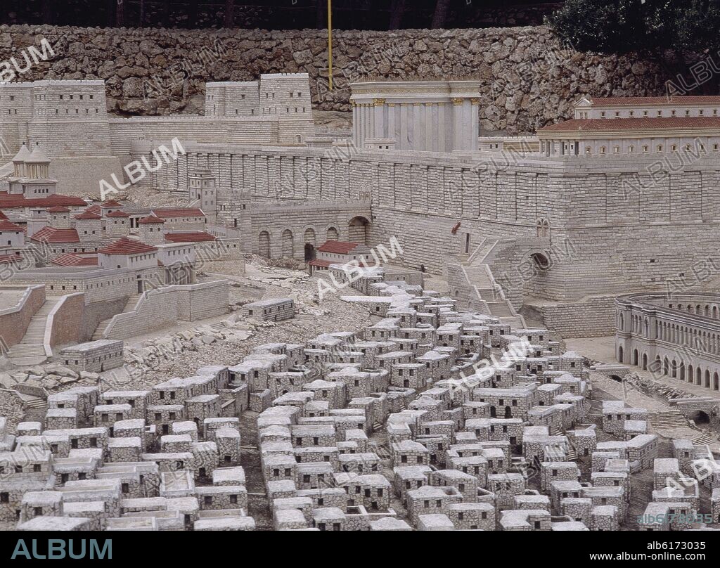 MAQUETA DE JERUSALEN - RECINTO DEL TEMPLO -MURALLAS DE HERODES CON ESCALERA Y LA CIUDAD.