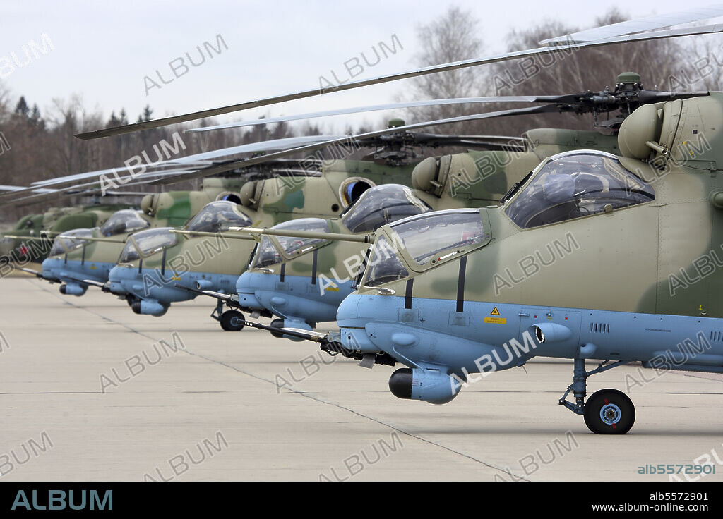 Mil Mi-35M attack helicopters of the Russian Air Force during Parade rehearsal, Kubinka, Moscow Region, Russia.