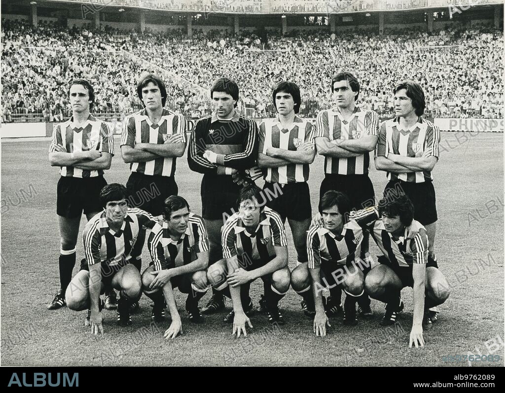 Madrid, 14/09/1980. Estadio Santiago Bernabéu. Partido de liga temporada 1980 - 1981 entre el Real Madrid y el Athletic Club de Bilbao. Con resutlado final de 7 goles a 1. En la imagen la alineación del Athletic:De Andrés, Goicoechea, Aguirreoa (portero); Urquiaga, Guisasola, TirapuDani, Villar, Sarabia, Rojo I y Argote.