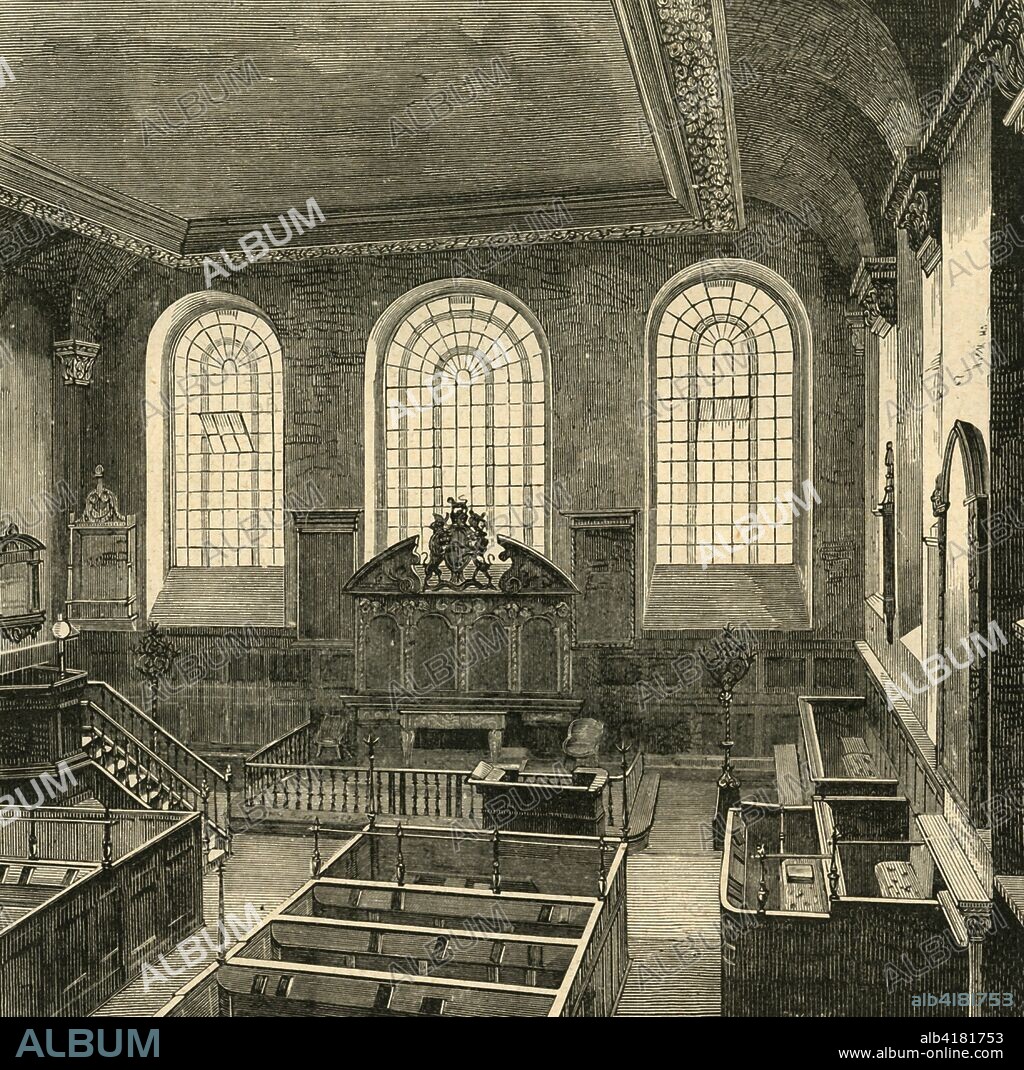 'Interior of St. Michael's, Wood Street, 1876', (1897). The church of St Michael Wood Street in the City of London, the burial site for the head of King James IV of Scotland (1473-1513). The building seen here was designed by Christopher Wren in 1673 after the previous church was destroyed in the Great Fire of 1666. From Old and New London, Volume I, by Walter Thornbury. [Cassell and Company, Limited, London, Paris & Melbourne, 1897].