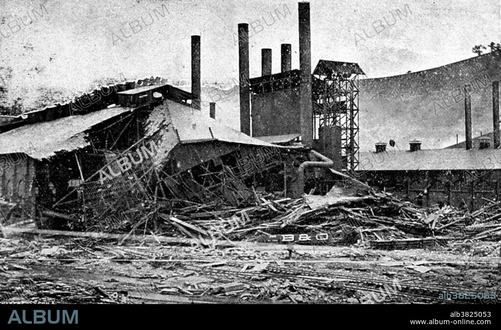 The Johnstown Flood (or Great Flood of 1889 as it became known locally) occurred on May 31, 1889. It was the result of the catastrophic failure of the South Fork Dam situated on the Little Conemaugh River 14 miles upstream of the town of Johnstown, Pennsylvania, made worse by several days of extremely heavy rainfall. The dam's failure unleashed a torrent of 20 million tons of water  from the reservoir known as Lake Conemaugh. The flood killed 2,209 people and caused $17 million in damages. It was the first major disaster relief effort handled by the new American Red Cross, led by Clara Barton. Support for victims came from all over the United States and 18 foreign countries. After the flood, survivors suffered a series of legal defeats in their attempts to recover damages from the dam's owners, prompting the development in American law changing a fault-based regime to strict liability. Photo originally captioned: The aftermath of the Johnstown Flood. "Ruins of the Cambria Iron Works." In: "History of the Johnstown Flood", by Willis Fletcher Johnson, 1889.