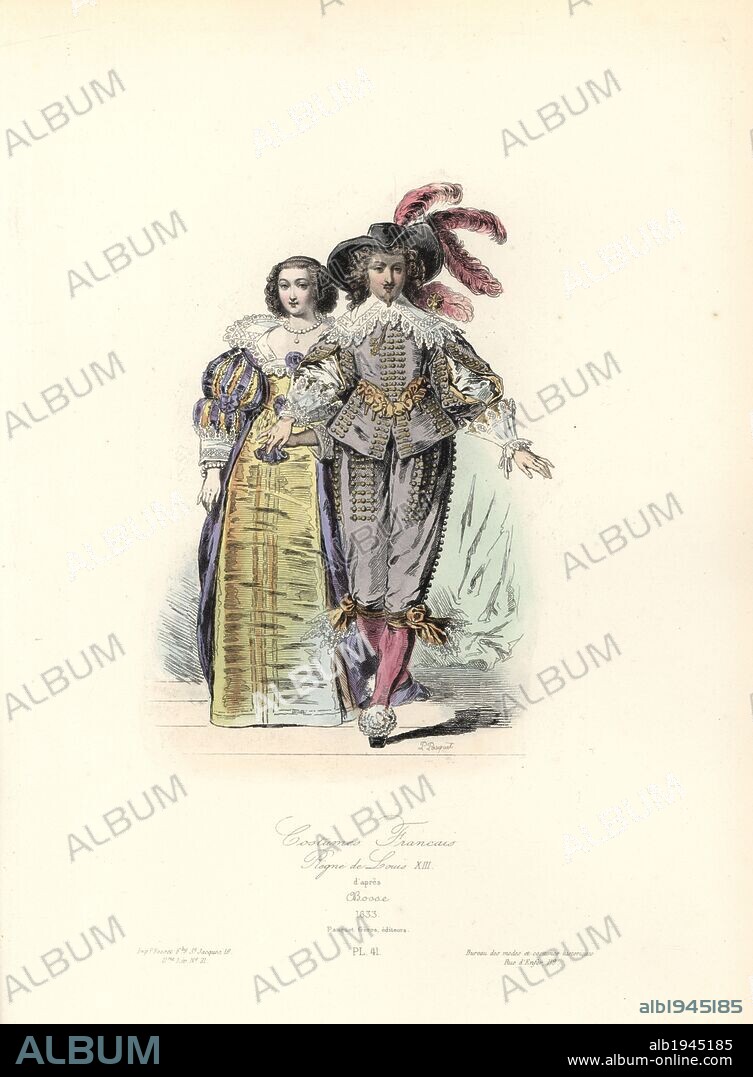 French costumes, reign of Louis XIII, 1633. Handcoloured steel engraving by Polidor Pauquet after "Le Bal" by Abraham Bosse (1604-1676) from the Pauquet Brothers' "Modes et Costumes Historiques" (Historical Fashions and Costumes), Paris, 1865. Hippolyte (b. 1797) and Polydor Pauquet (b. 1799) ran a successful publishing house in Paris in the 19th century, specializing in illustrated books on costume, birds, butterflies, anatomy and natural history.