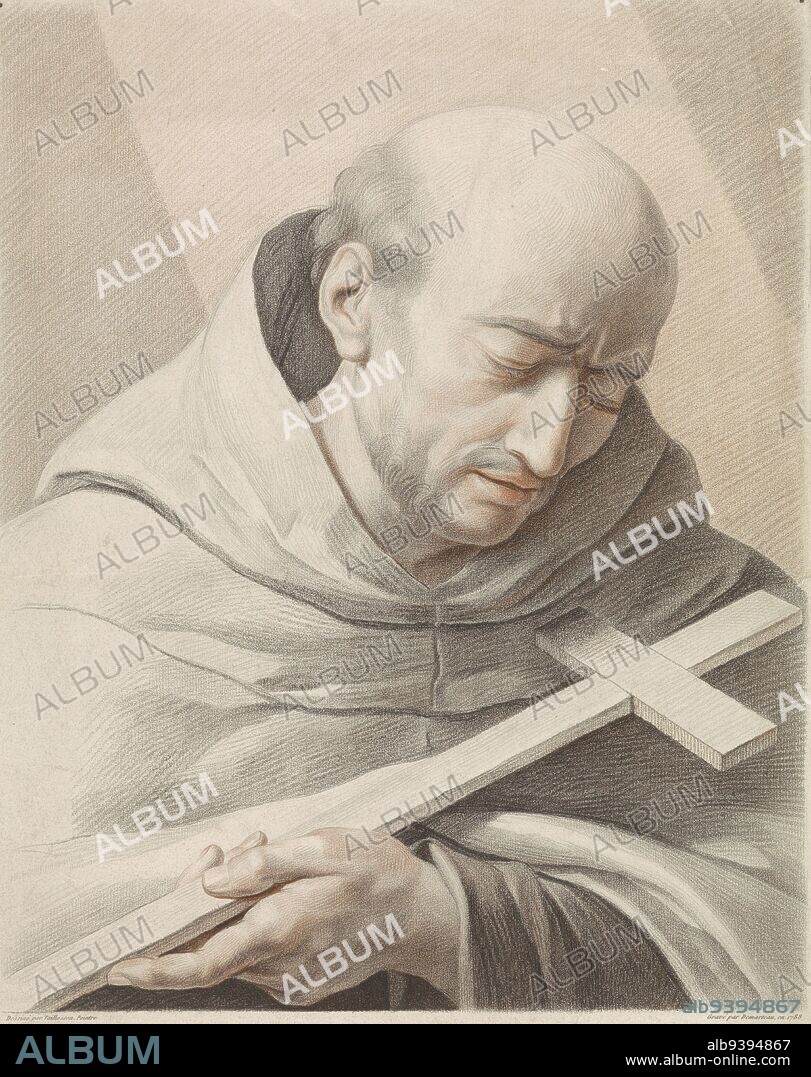 Saint John of the Cross in monk's habit with cross, Saint John of the Cross, print maker: Gilles Antoine Demarteau, (mentioned on object), intermediary draughtsman: M. Taillasson, (mentioned on object), publisher: Gilles Antoine Demarteau, (mentioned on object), Paris, 1788, paper, etching, h 551 mm × w 410 mm.