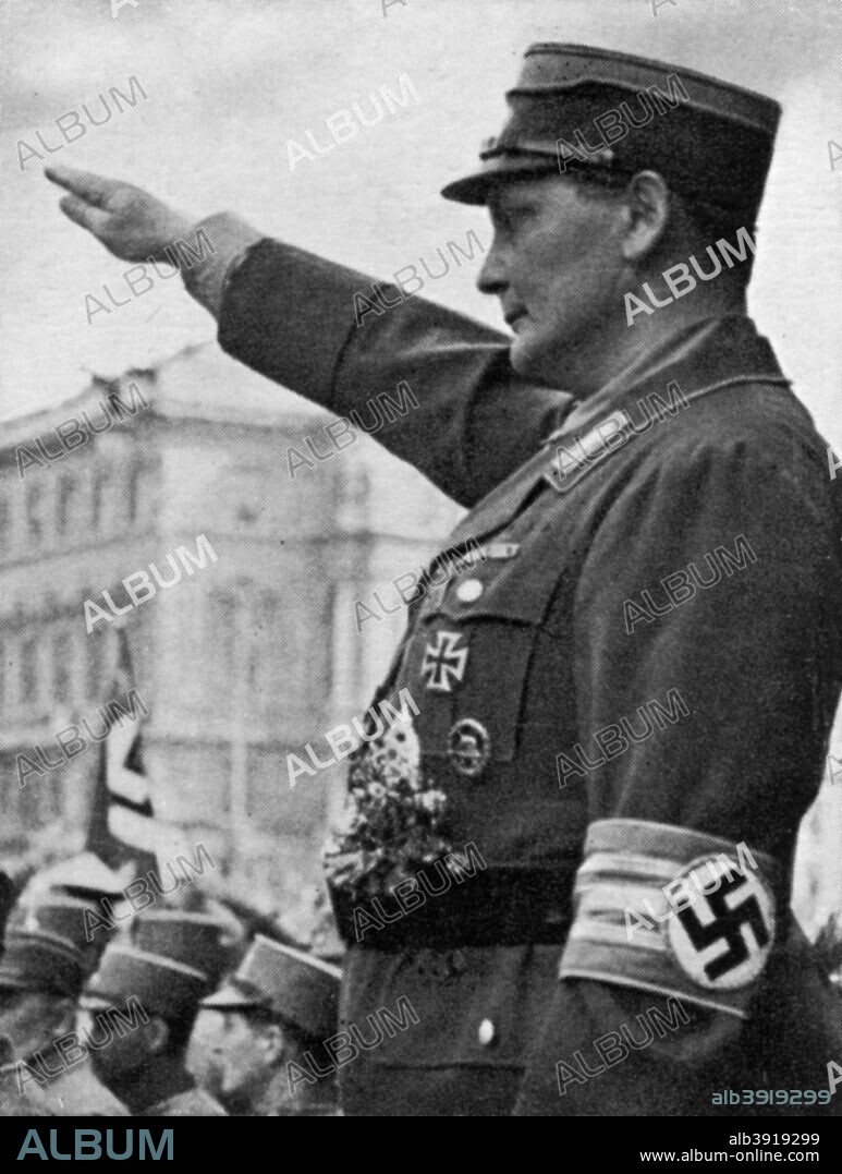 Hermann Göring, German Nazi politician and military leader, 1932. A decorated World War I fighter ace who flew with Baron Manfred von Richthofen's squadron, Göring (1893-1946) joined the Nazi party in 1922. The following year he was involved in the Munich Beer Hall Putsch alongside Adolf Hitler. After the Nazis came to power in 1933, Göring became one of the new regime's leading figures. He commanded the Gestapo until 1934, when he handed its command over to Heinrich Himmler, and from 1935 onwards was commander of the Luftwaffe, the German air force. Captured by the Allies at the end of the Second World War, Göring was convicted of war crimes and crimes against humanity at the Nuremberg Trials, but committed suicide the night before he was due to be executed. A print from Wie die Oftmark ihre Befreiung erlebte (The Way towards the Liberation), Berlin, 1940.