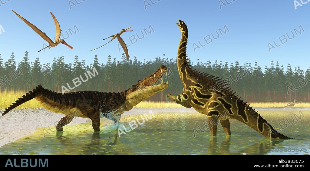 Two Anhanguera reptiles fly above as a Kaprosuchus reptile confronts an Agustinia dinosaur.