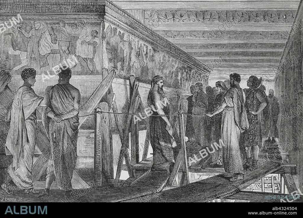 Fidias (490 a.C.-425 a.C.). Escultor de la antigua Grecia. Fidias mostrando el friso del Partenón a sus amigos. Grabado por J. Cooper a partir de un cuadro de 1868 del pintor Lawrence Alma-Tadema (1836-1912). La Ilustración Española y Americana, 1884.