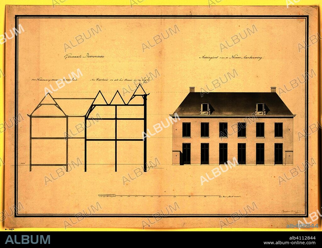 Architectural design drawing of the rear facade of a house. Draughtsman: Abraham van der Hart. Dating: 1790. Measurements: h 486 mm × w 691 mm.