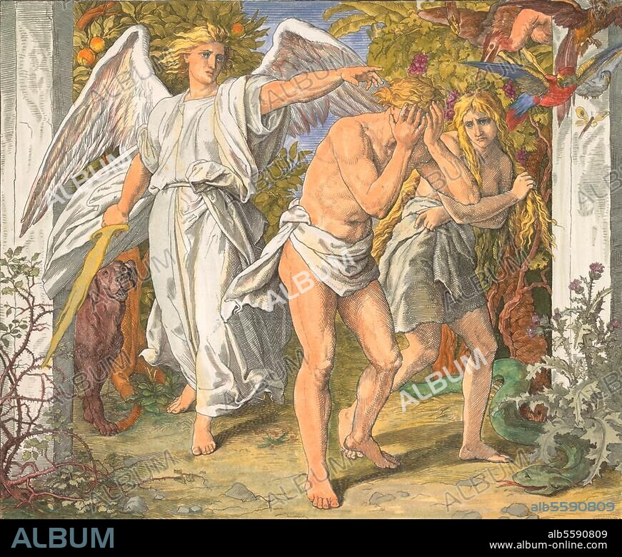 JULIUS SCHNORR VON CAROLSFELD. Schnorr von Carolsfeld, Julius. 1794-1874. "Expulsion from Paradise". (Genesis 3, 23-24). Woodcut, coloured later. From: The Bible in Pictures, Leipzig. (Georg Wigand) 1860, page 10. Berlin, Sammlung Archiv für Kunst und Geschichte.